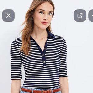 LOFT Navy and White Stripe Ribbed Polo Shirt